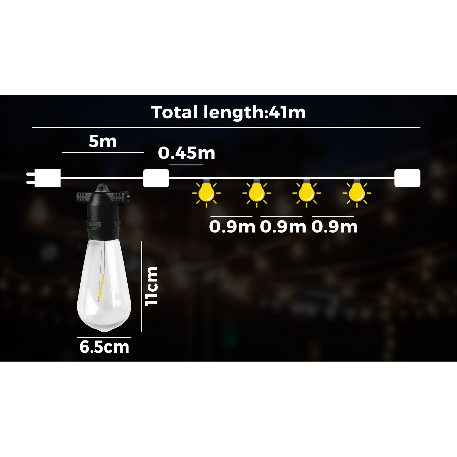 Mazam 41M LED Festoon Lights String Light Waterproof Outdoor Wedding Party