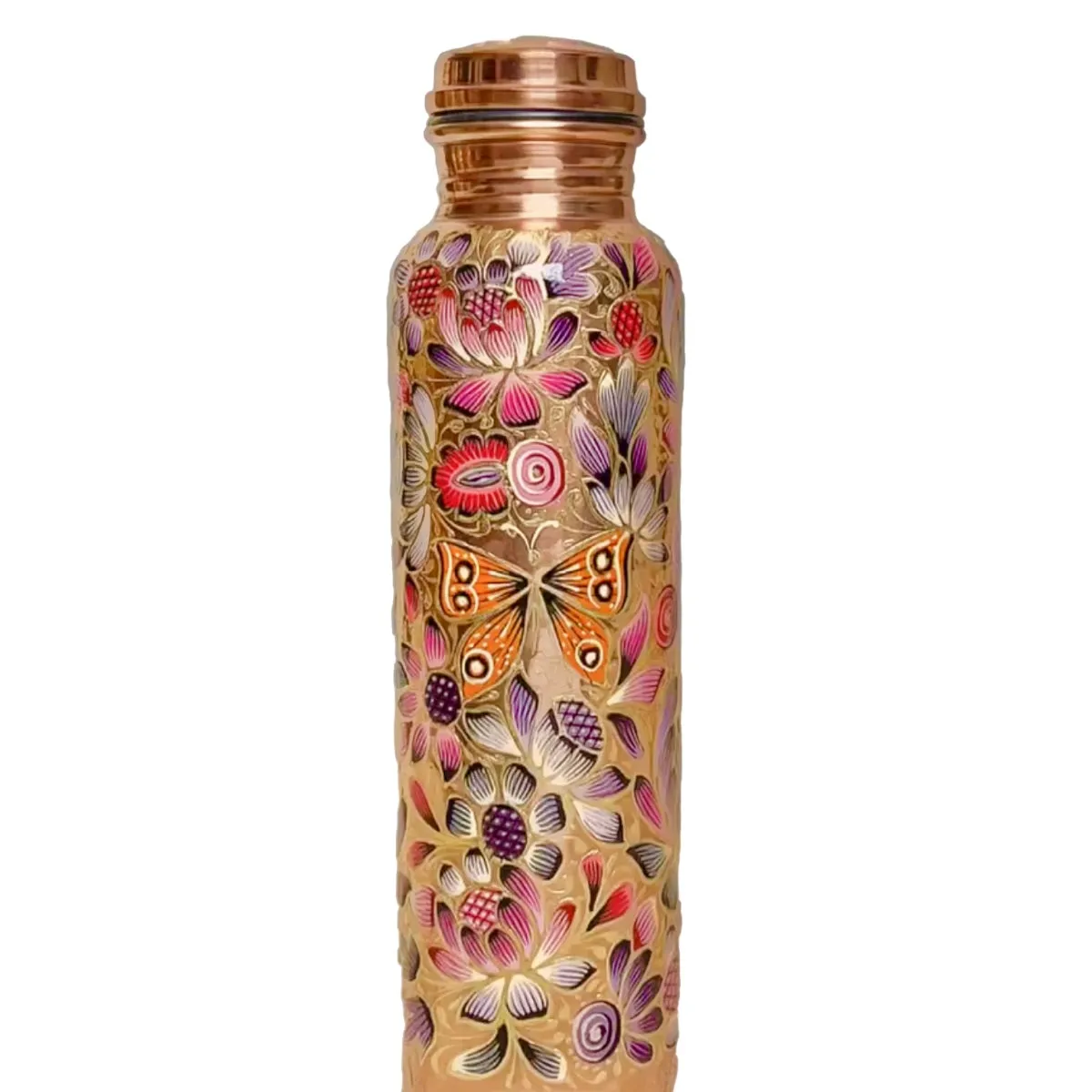 Mexican Copper 1 L / 33 oz. Water Bottle- Hand Painted Violet Butterflies