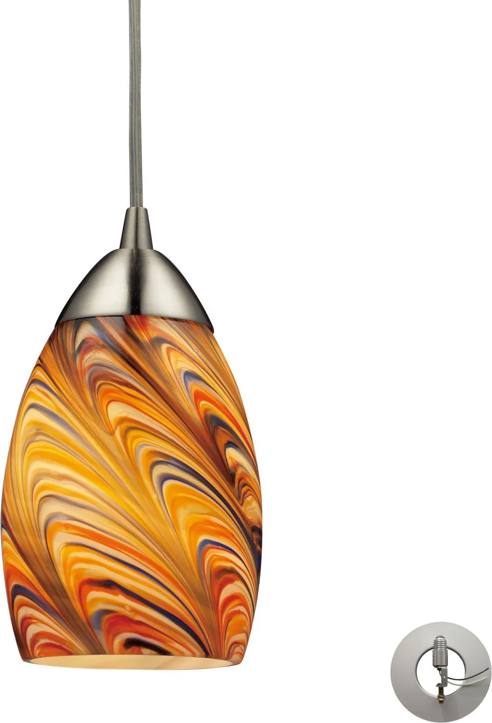 Mini Vortex 1 Light Pendant In Satin Nickel and Rainbow Glass - Includes Recessed Lighting Kit