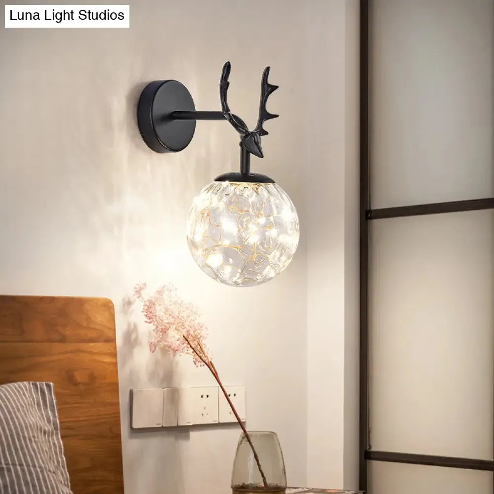 Minimalist LED Bedroom Sconce with Antler and Glass Design - Wall Mount Lamp with Starry String