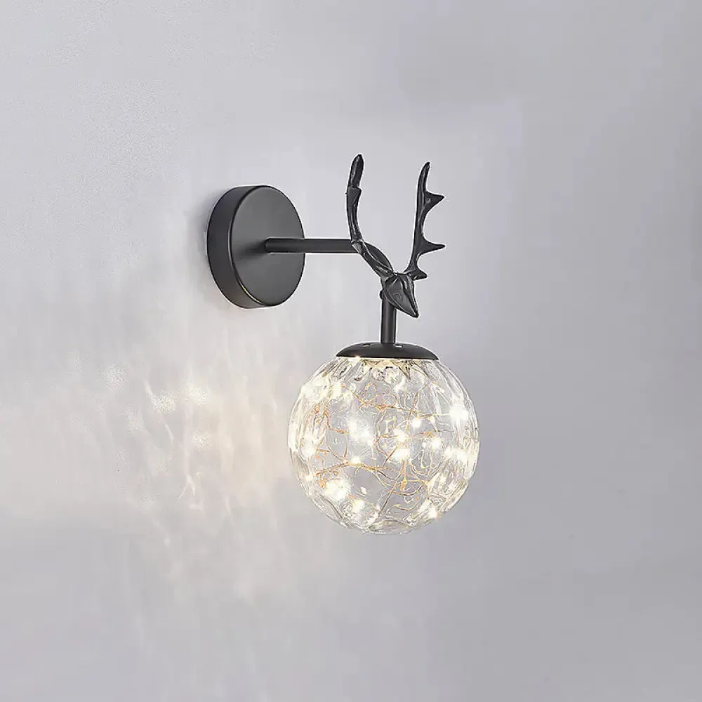 Minimalist LED Bedroom Sconce with Antler and Glass Design - Wall Mount Lamp with Starry String