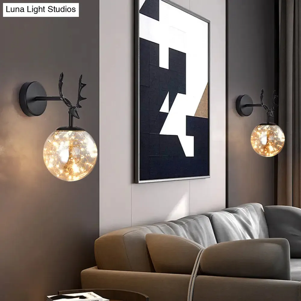 Minimalist LED Bedroom Sconce with Antler and Glass Design - Wall Mount Lamp with Starry String