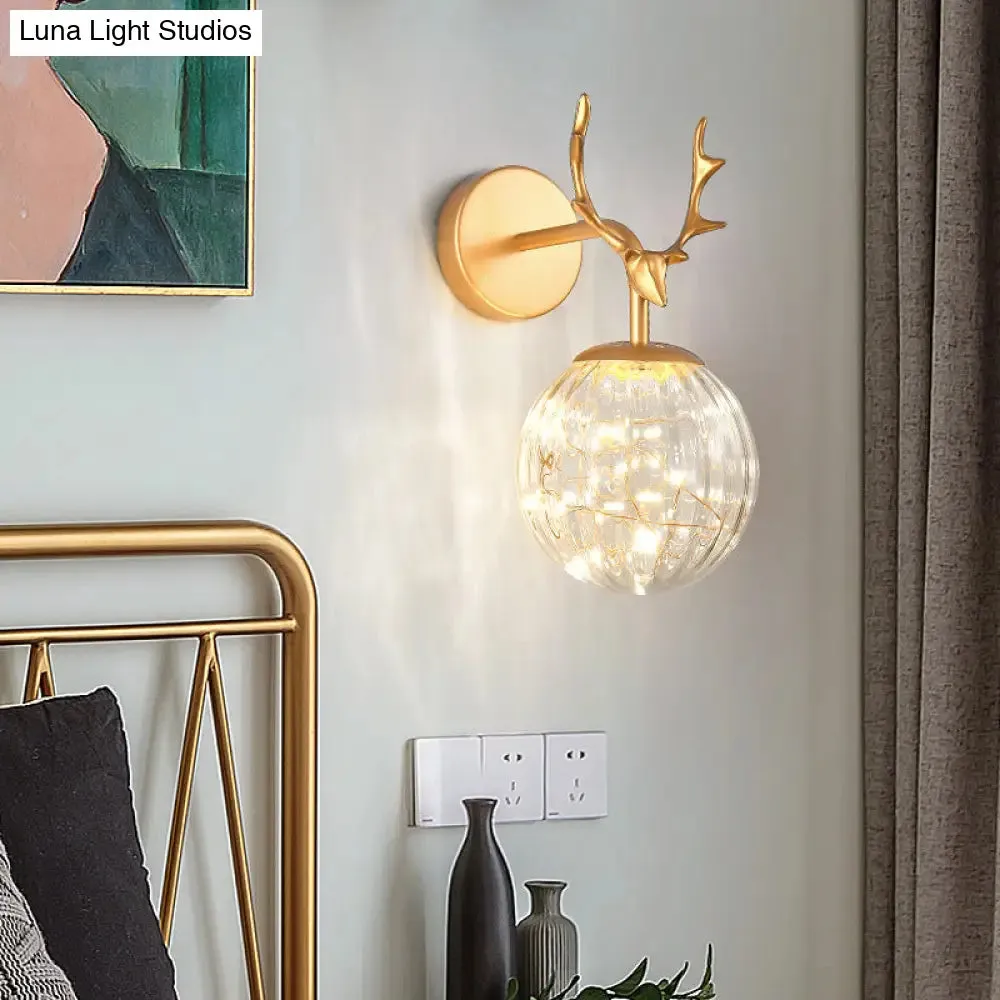 Minimalist LED Bedroom Sconce with Antler and Glass Design - Wall Mount Lamp with Starry String