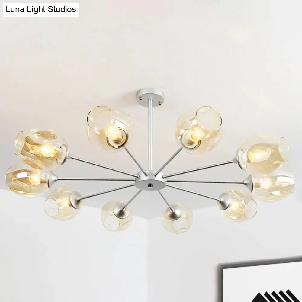 Modern 10-Bulb Chandelier Pendant Light with Amber Glass Shade - Silver Cup Design