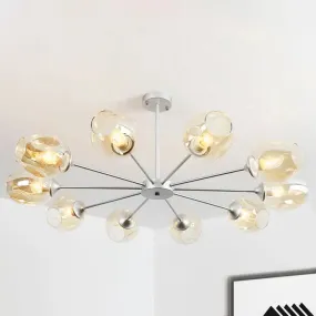 Modern 10-Bulb Chandelier Pendant Light with Amber Glass Shade - Silver Cup Design