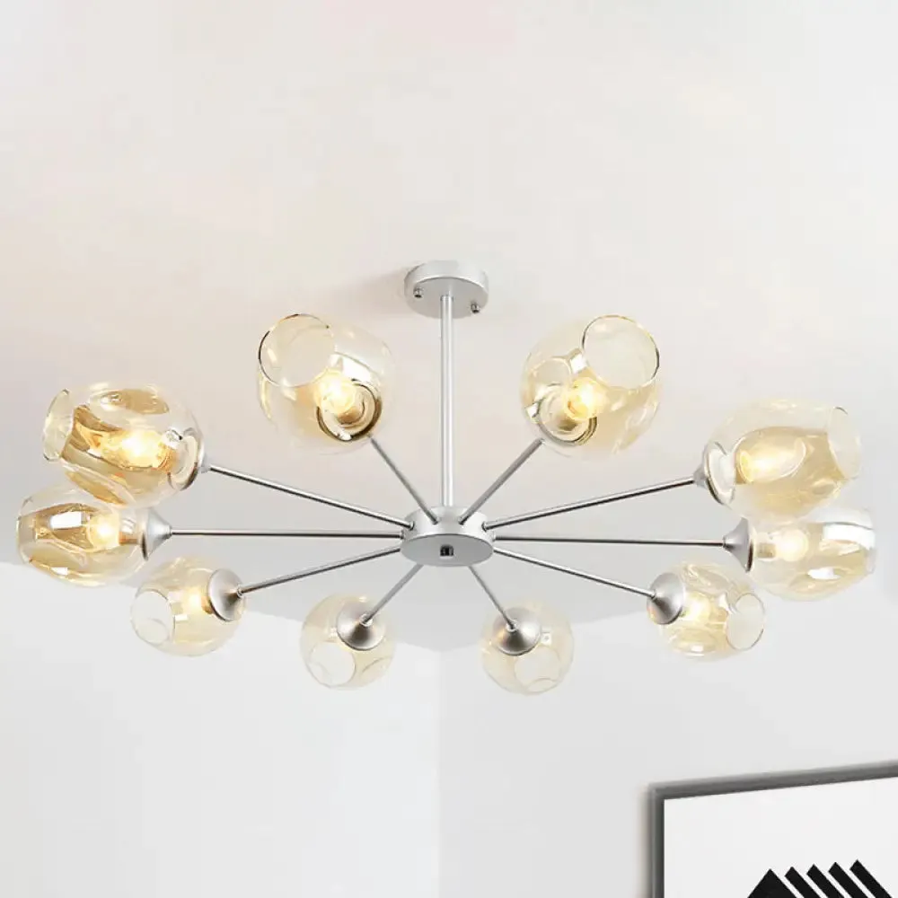 Modern 10-Bulb Chandelier Pendant Light with Amber Glass Shade - Silver Cup Design