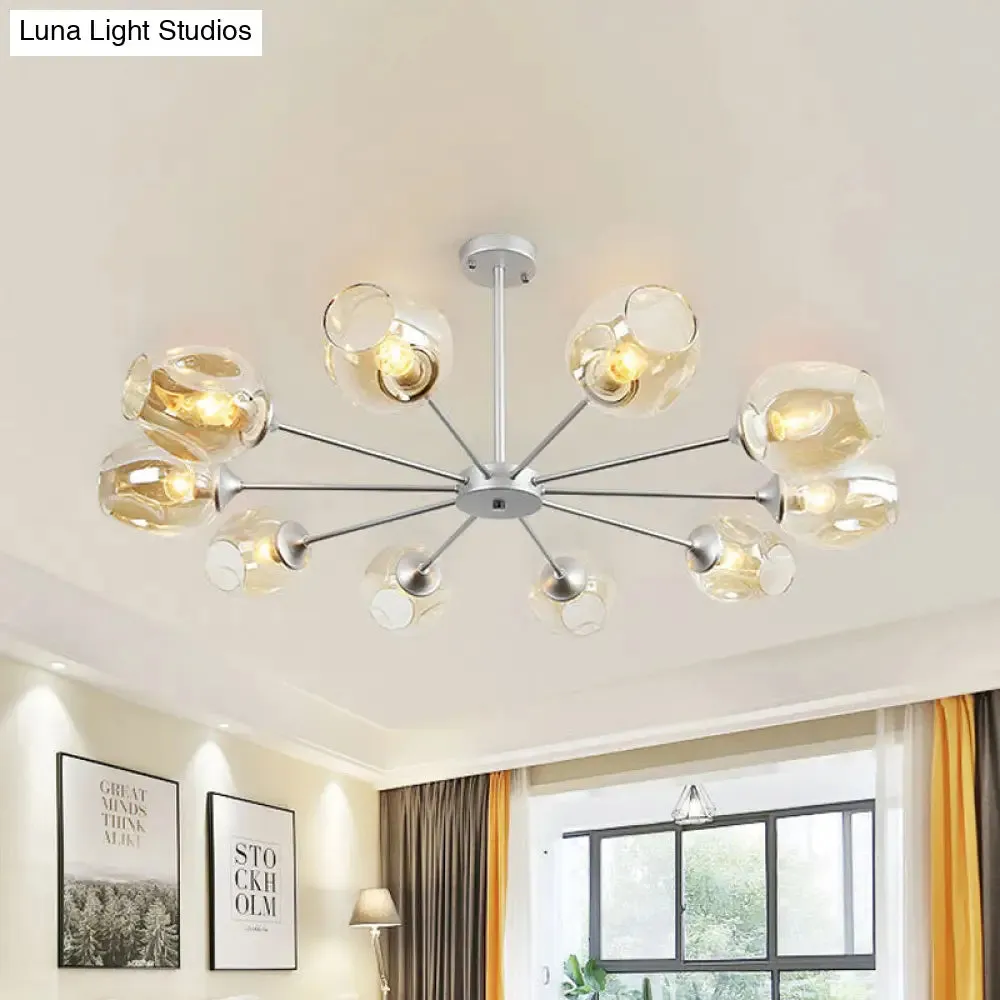 Modern 10-Bulb Chandelier Pendant Light with Amber Glass Shade - Silver Cup Design