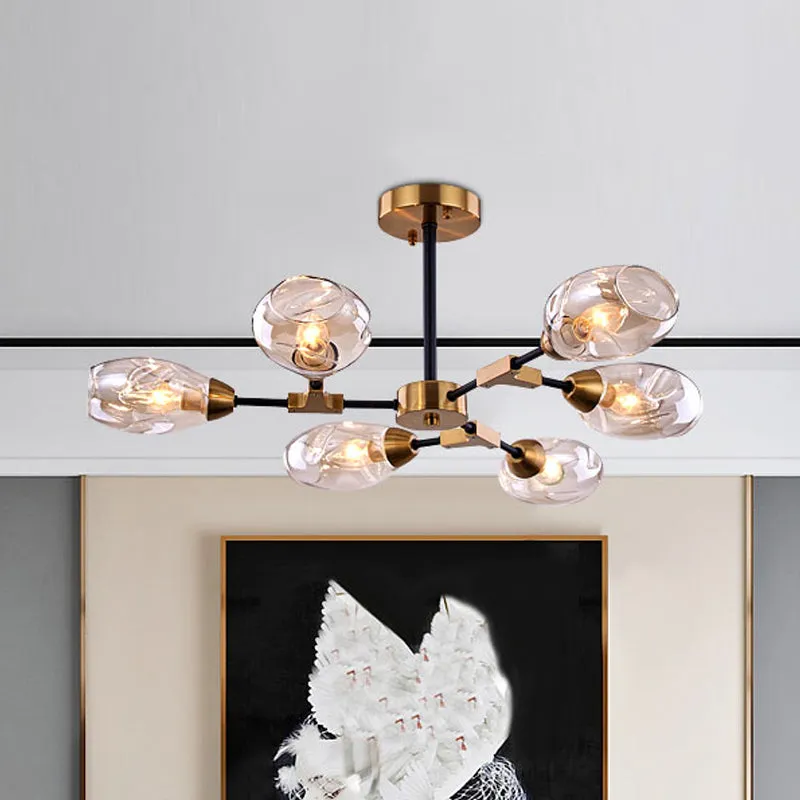 Modern 6-Head Dining Room Chandelier: Black and Gold Pendant Light with Cup Dimpled Blown Glass Shade