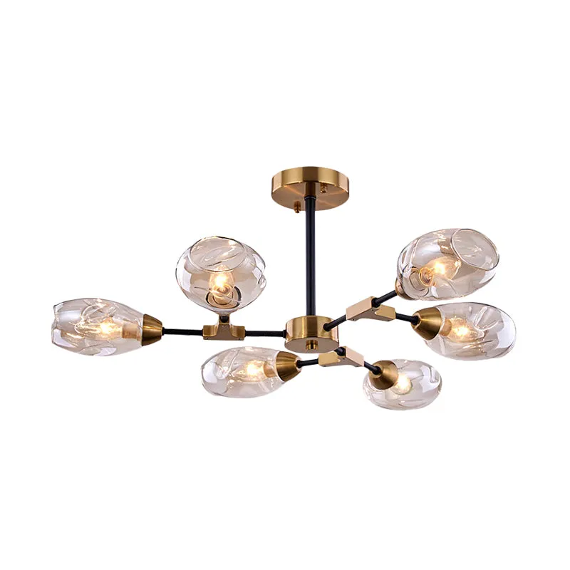 Modern 6-Head Dining Room Chandelier: Black and Gold Pendant Light with Cup Dimpled Blown Glass Shade