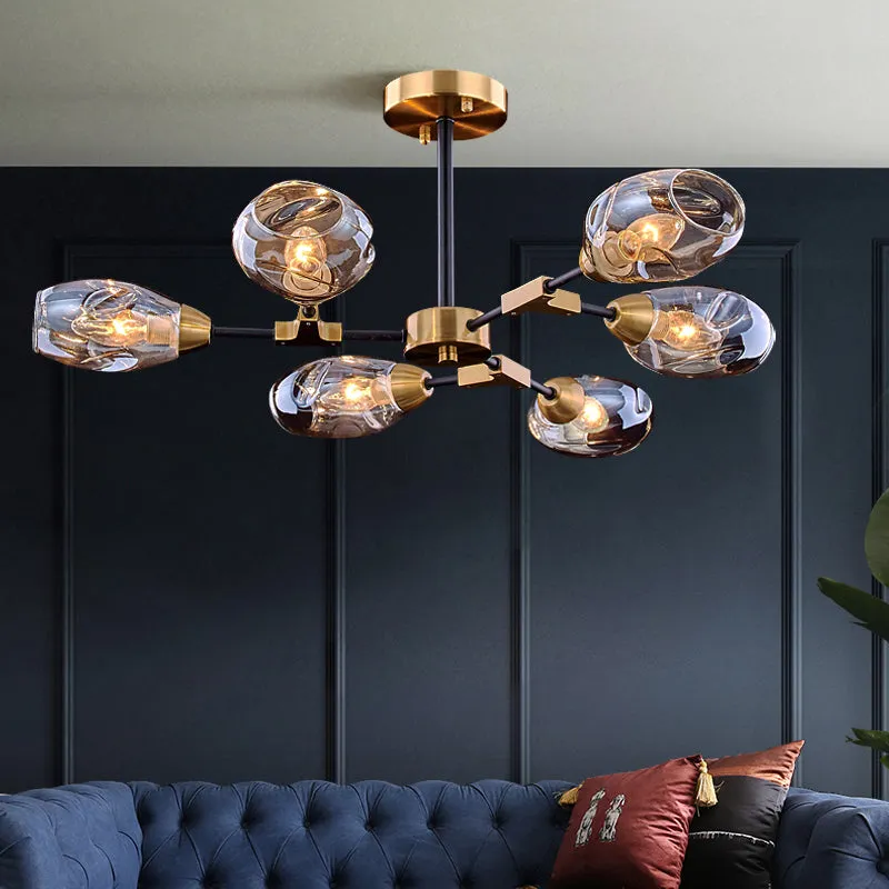 Modern 6-Head Dining Room Chandelier: Black and Gold Pendant Light with Cup Dimpled Blown Glass Shade