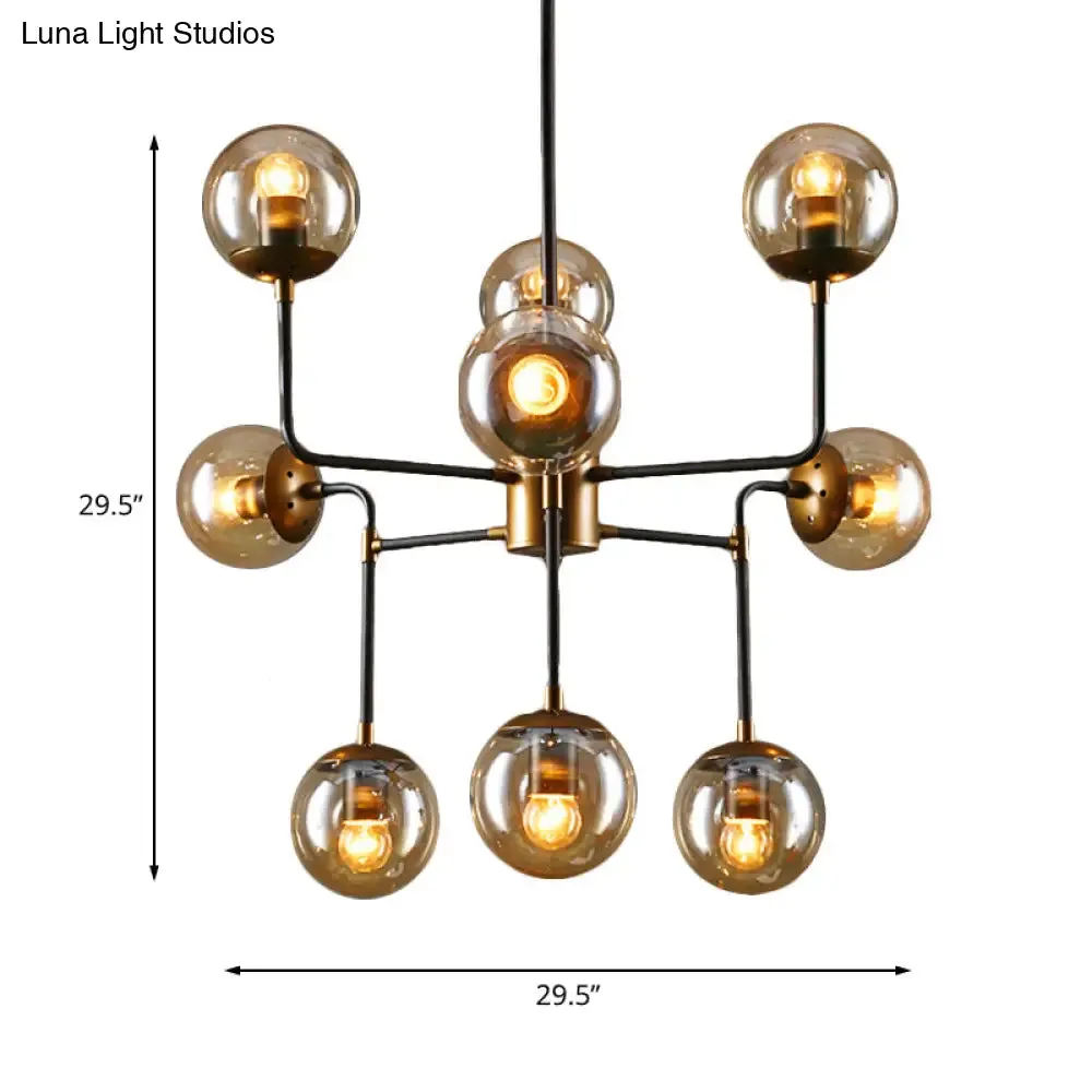 Modern Black Chrome Glass Globe Chandelier Pendant Light - Industrial Style, 8/9 Lights for Living Room