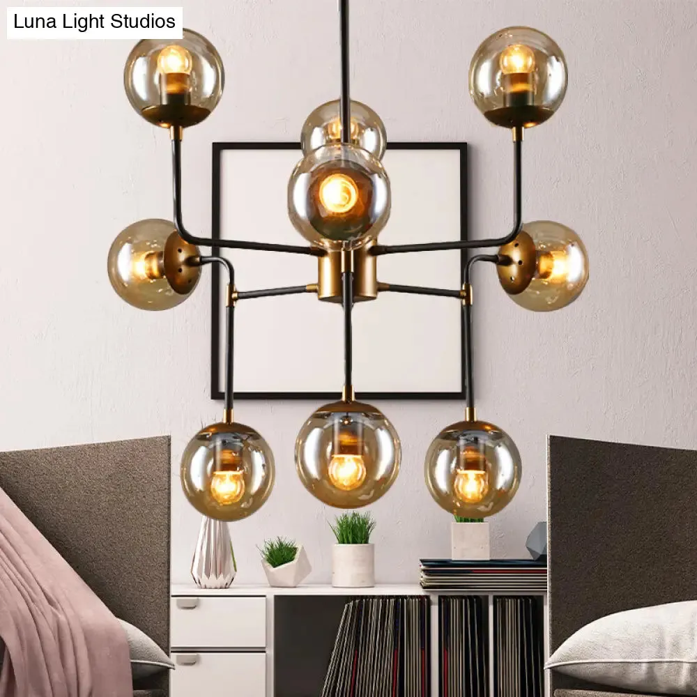 Modern Black Chrome Glass Globe Chandelier Pendant Light - Industrial Style, 8/9 Lights for Living Room