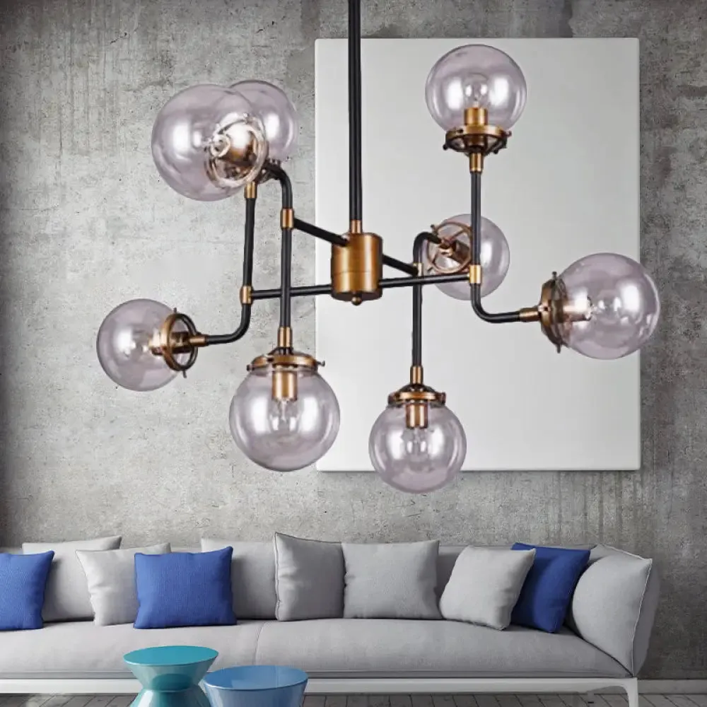 Modern Black Chrome Glass Globe Chandelier Pendant Light - Industrial Style, 8/9 Lights for Living Room