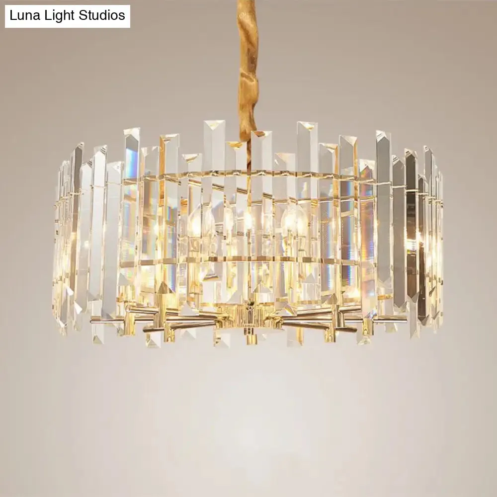 Modern Drum Chandelier - 6/8 Bulbs Clear Crystal Suspension Lighting, 18"/23.5" Width