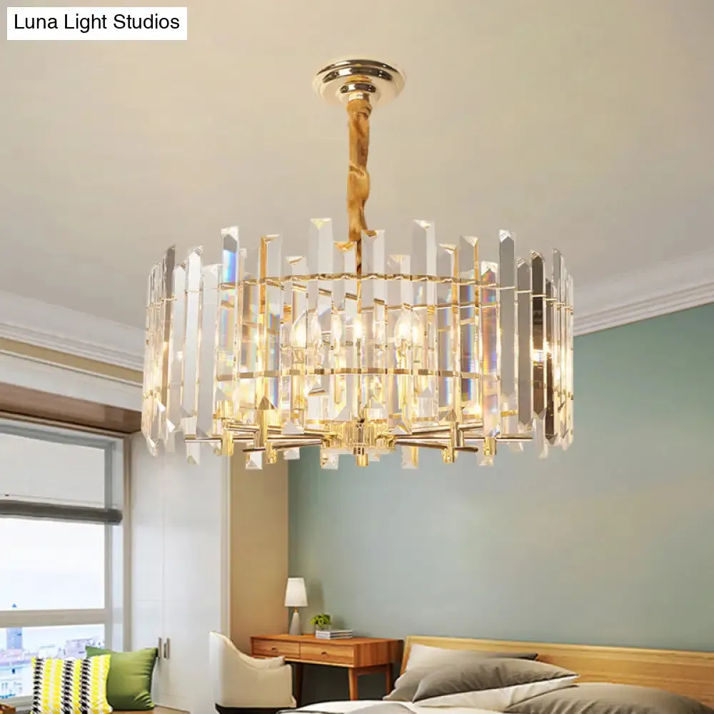 Modern Drum Chandelier - 6/8 Bulbs Clear Crystal Suspension Lighting, 18"/23.5" Width