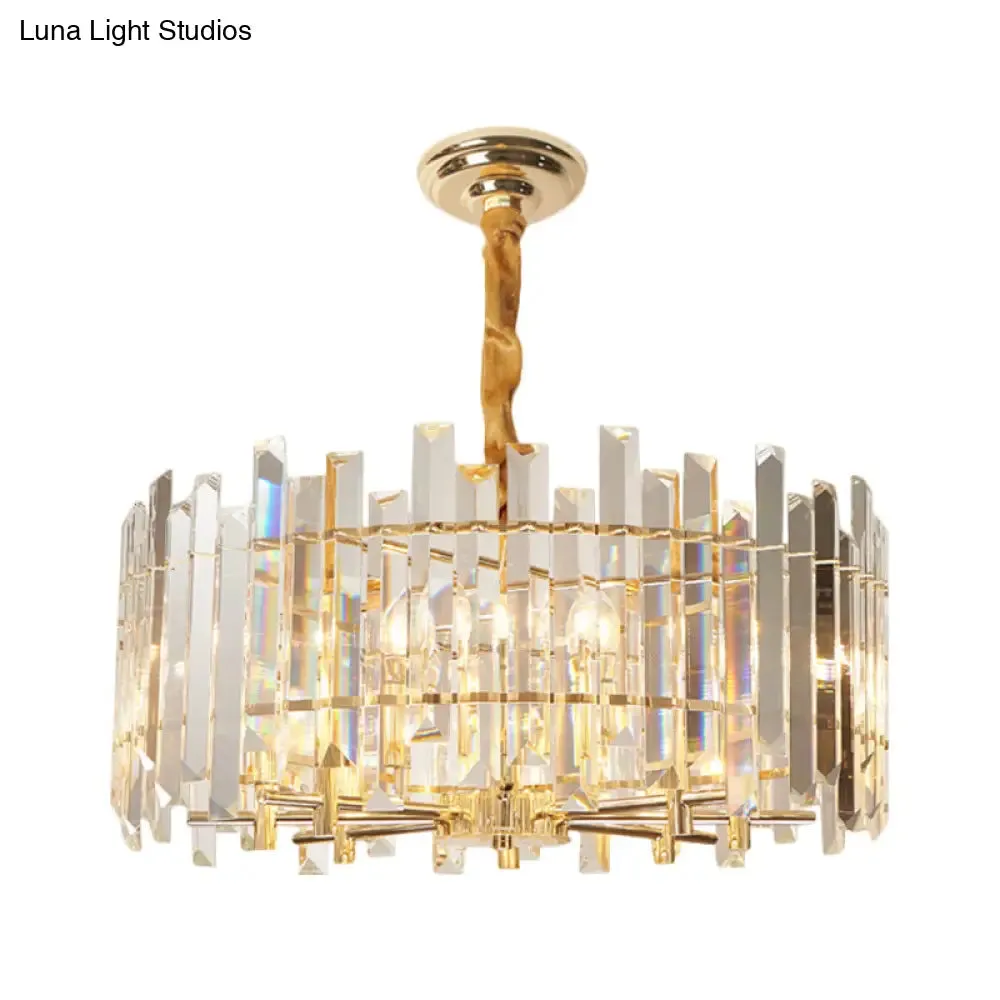 Modern Drum Chandelier - 6/8 Bulbs Clear Crystal Suspension Lighting, 18"/23.5" Width