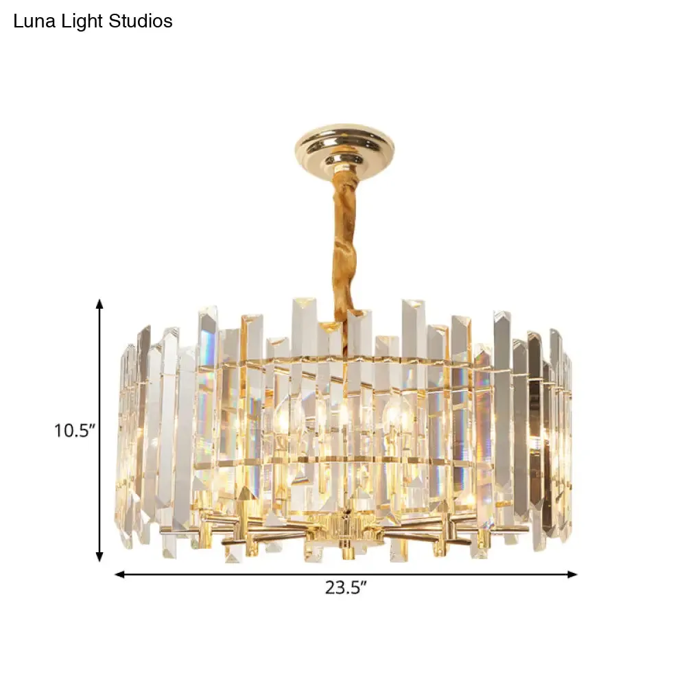 Modern Drum Chandelier - 6/8 Bulbs Clear Crystal Suspension Lighting, 18"/23.5" Width