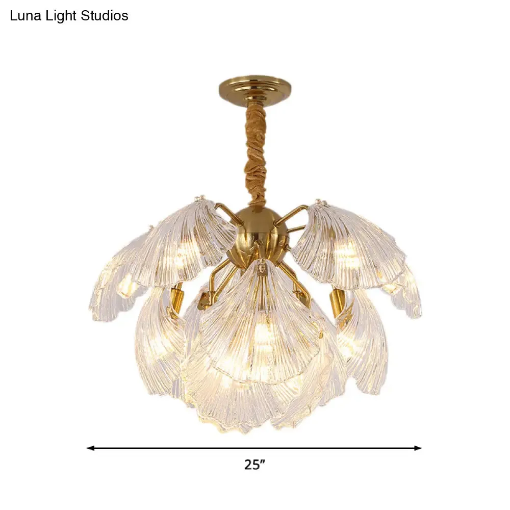 Modern Prism Glass Shell Chandelier Light, Brass Ceiling Light – 13/15 Lights, 23.5"/27" Wide