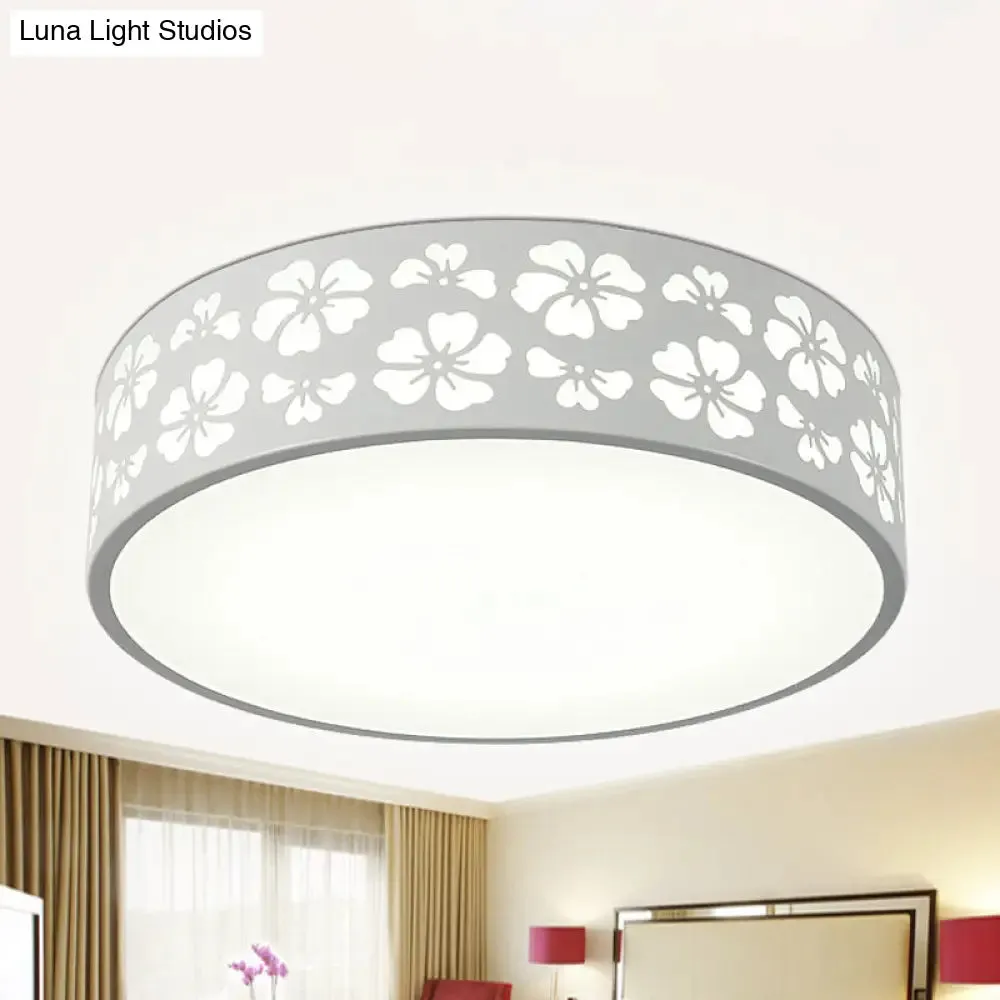 Modernist White LED Flush-Mount Iron Carved Drum Ceiling Light with Recessed Diffuser, 12"/16"/19.5" Dia