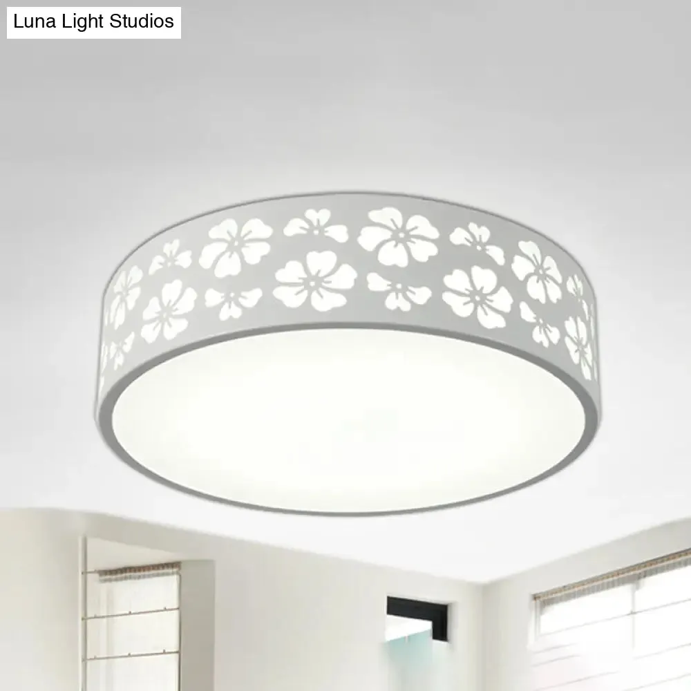 Modernist White LED Flush-Mount Iron Carved Drum Ceiling Light with Recessed Diffuser, 12"/16"/19.5" Dia