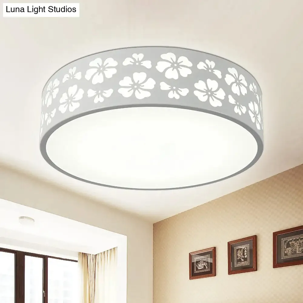 Modernist White LED Flush-Mount Iron Carved Drum Ceiling Light with Recessed Diffuser, 12"/16"/19.5" Dia