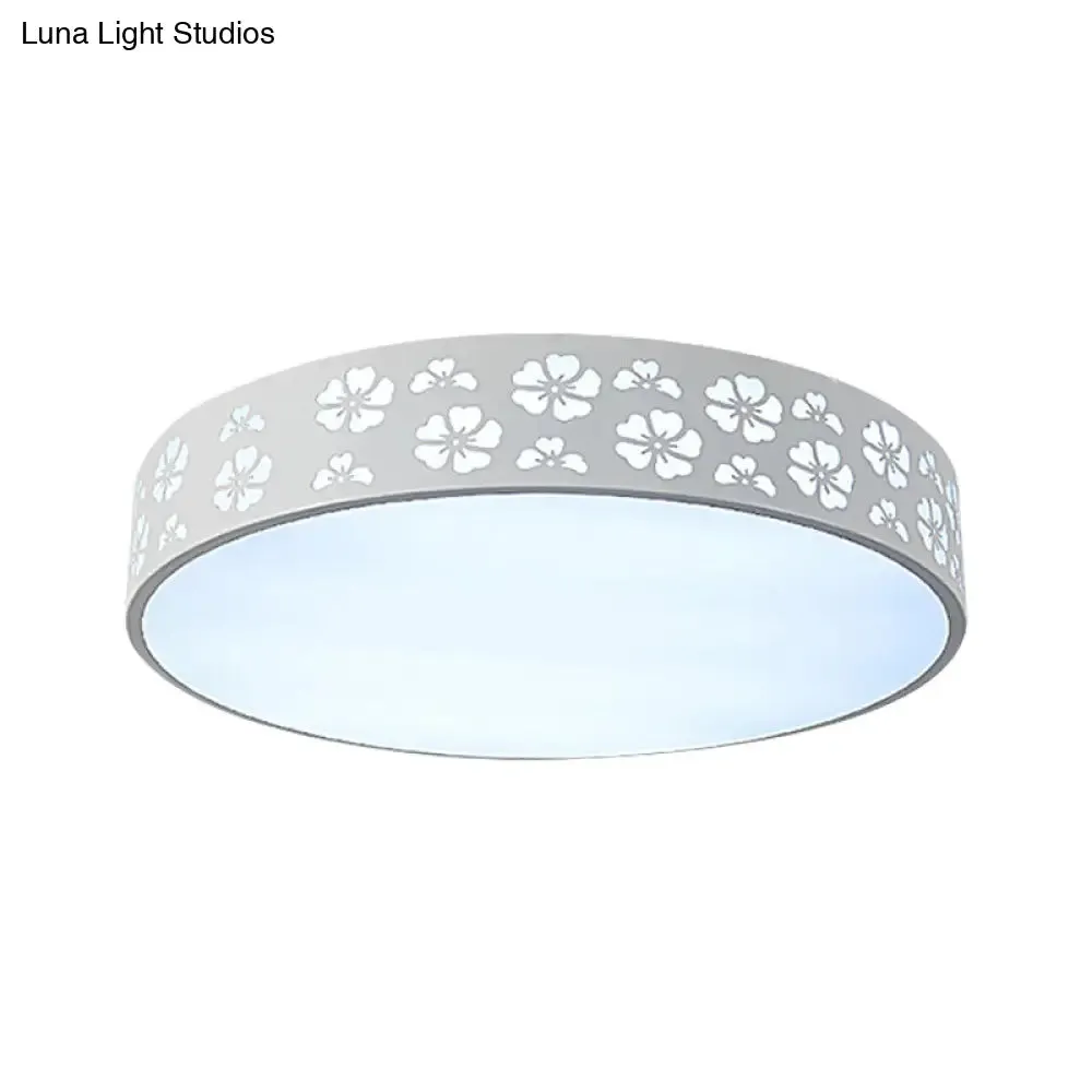 Modernist White LED Flush-Mount Iron Carved Drum Ceiling Light with Recessed Diffuser, 12"/16"/19.5" Dia