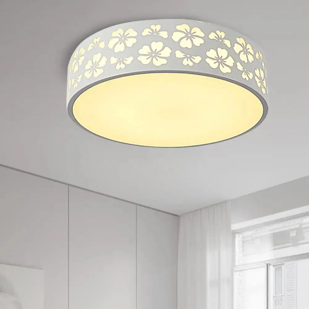 Modernist White LED Flush-Mount Iron Carved Drum Ceiling Light with Recessed Diffuser, 12"/16"/19.5" Dia