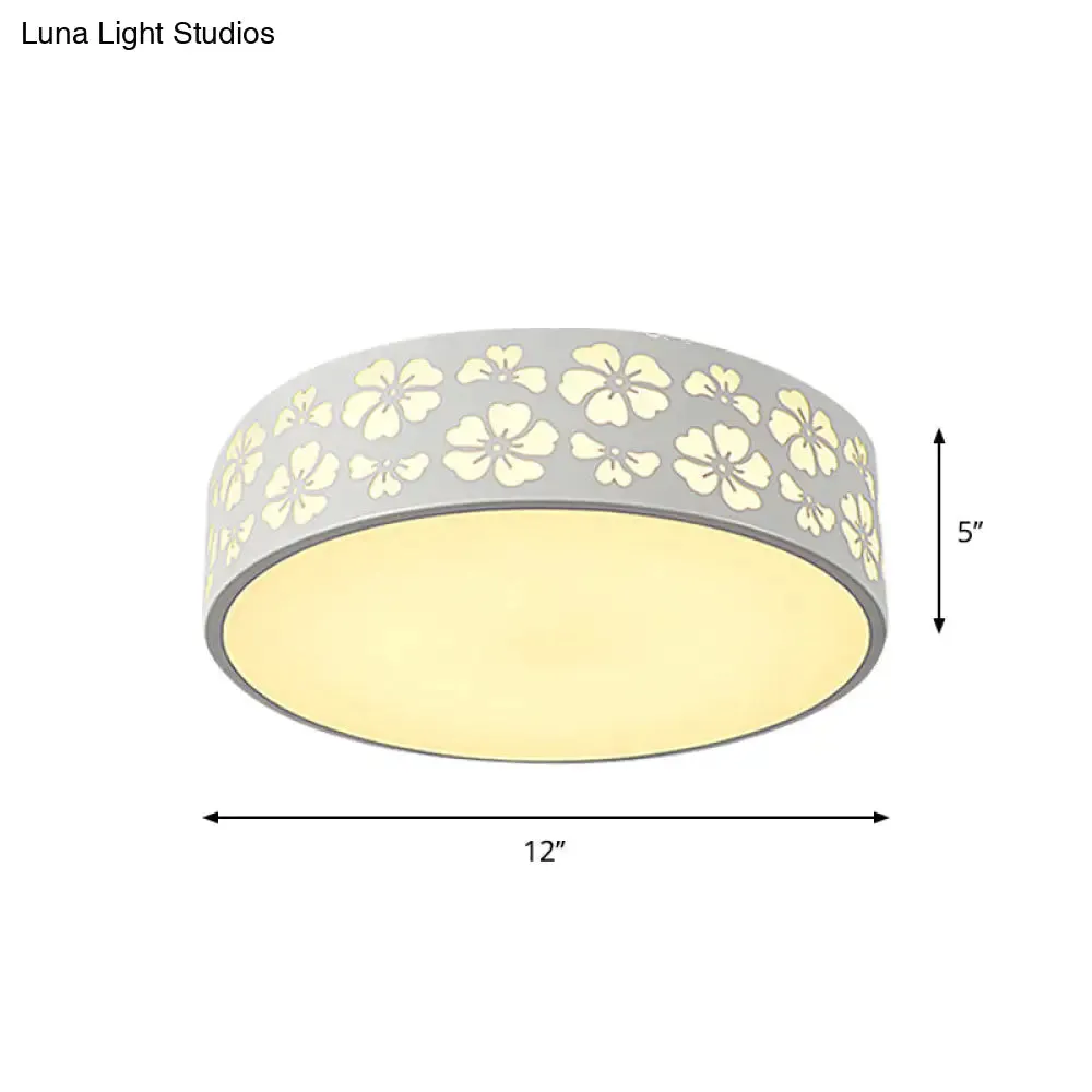 Modernist White LED Flush-Mount Iron Carved Drum Ceiling Light with Recessed Diffuser, 12"/16"/19.5" Dia