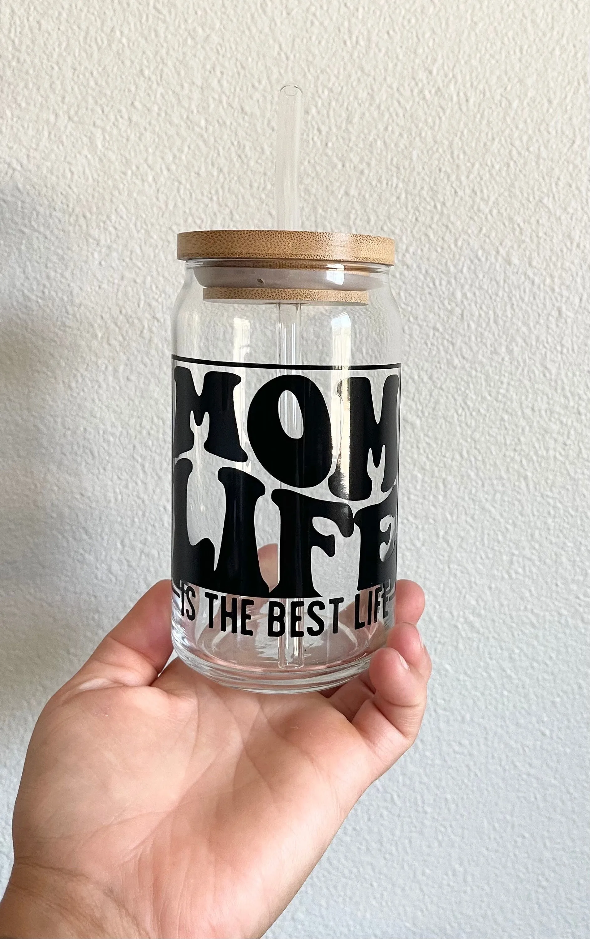 Mom Life Iced Coffee Cup- Glass w/ bamboo lid   glass straw