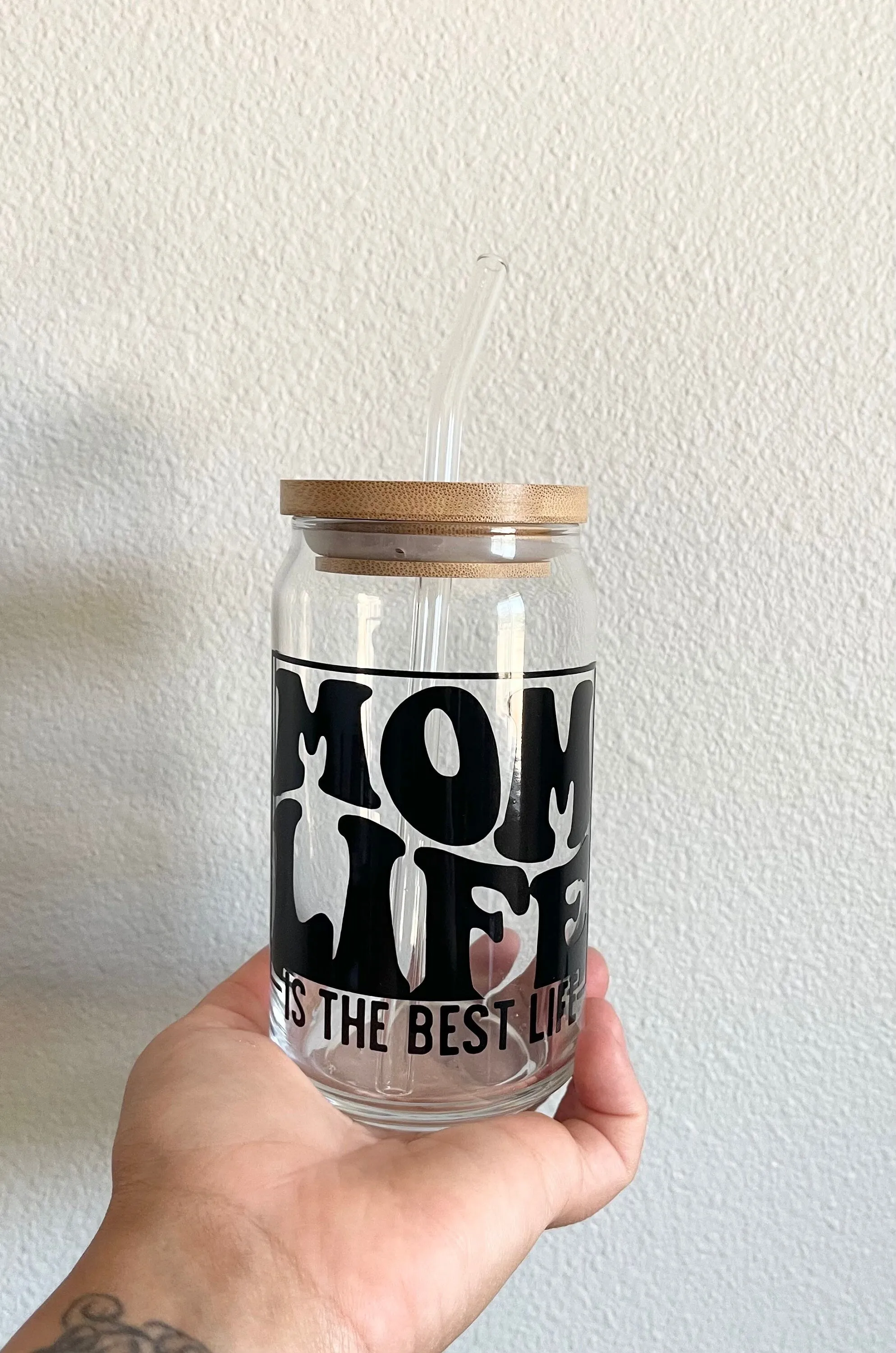 Mom Life Iced Coffee Cup- Glass w/ bamboo lid   glass straw