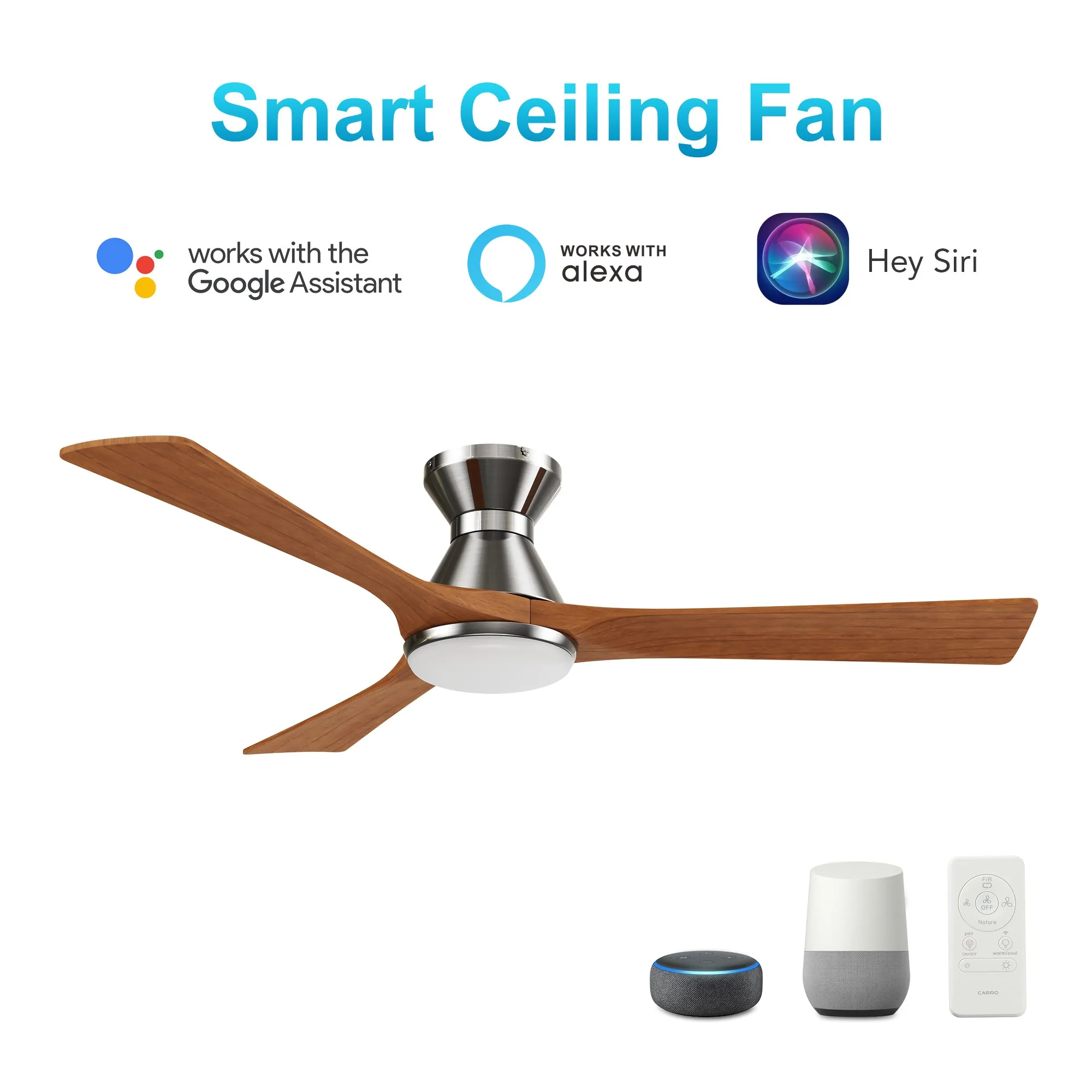 NICOLET 52 inch 3-Blade Flush Mount Smart Ceiling Fan with LED Light Kit & Remote- Silver/Antique Walnut