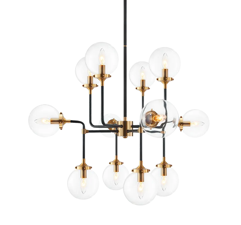 Particle Aged Gold Brass with Black Rod 12 Light Chandelier