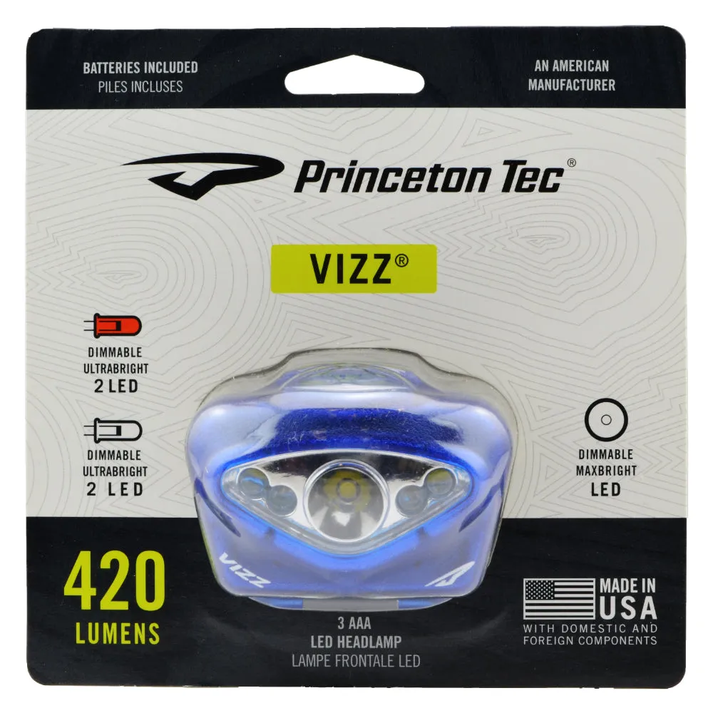 Princeton Tec Vizz Headlamp 420 Lumens Waterproof LED w/ 2 Red LEDs - Blue