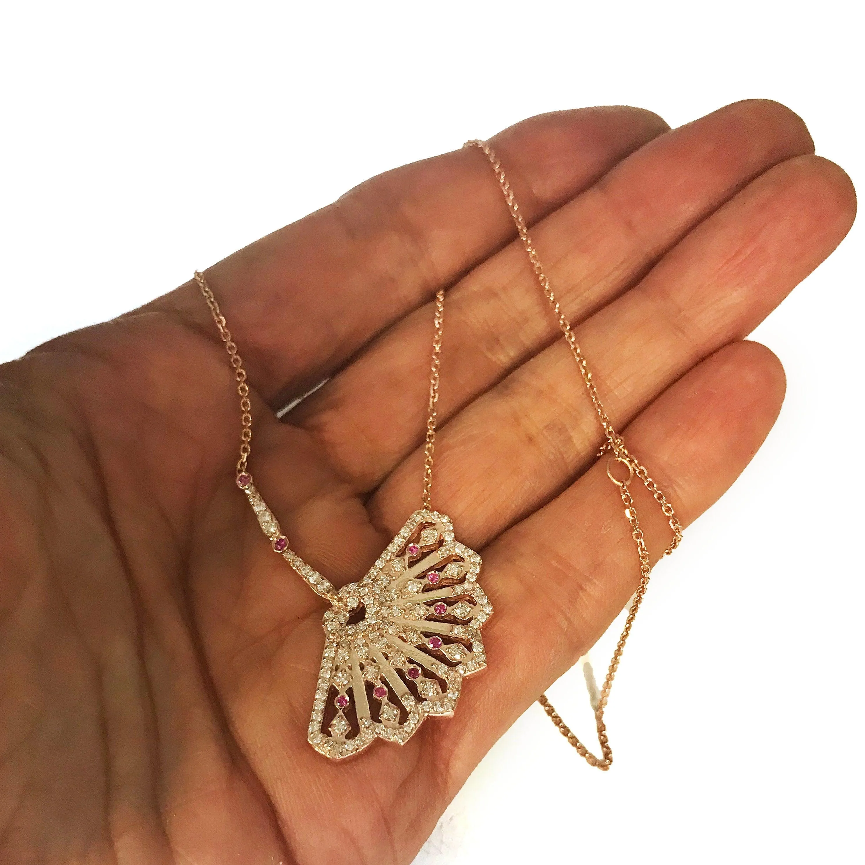 Ruby and Diamond Hand Fan Pendant With Chain