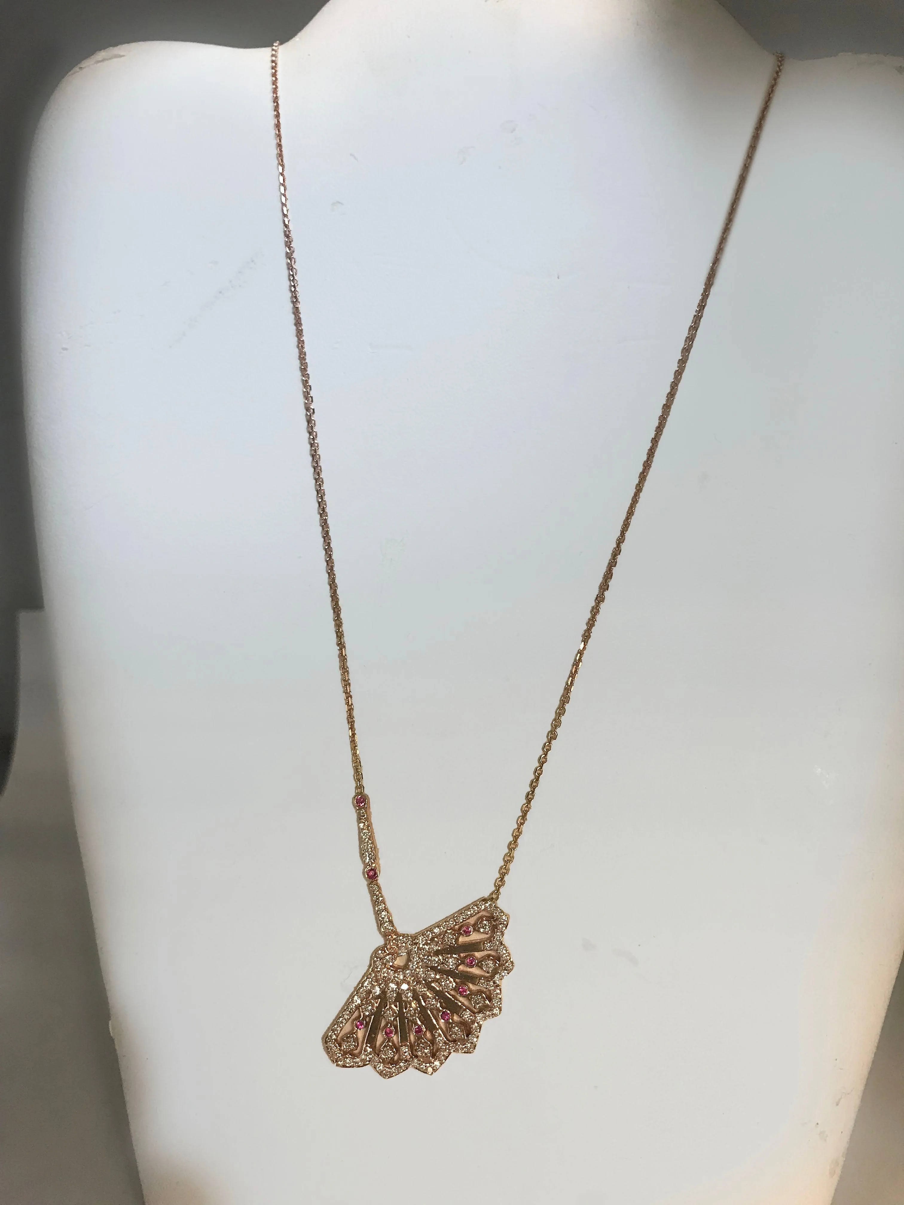 Ruby and Diamond Hand Fan Pendant With Chain