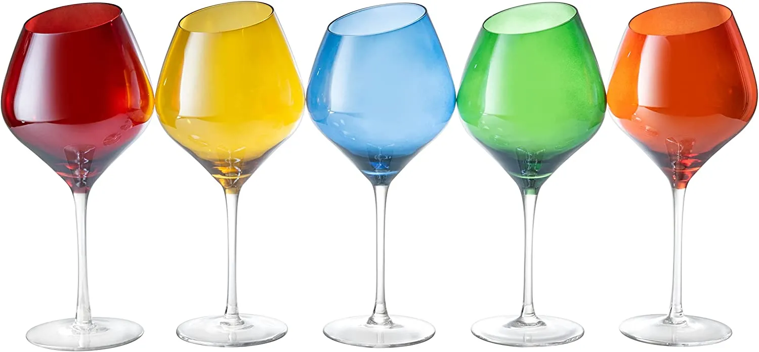 Slanted Rim Colored Wine Glasses by The Wine Savant – Set of 5