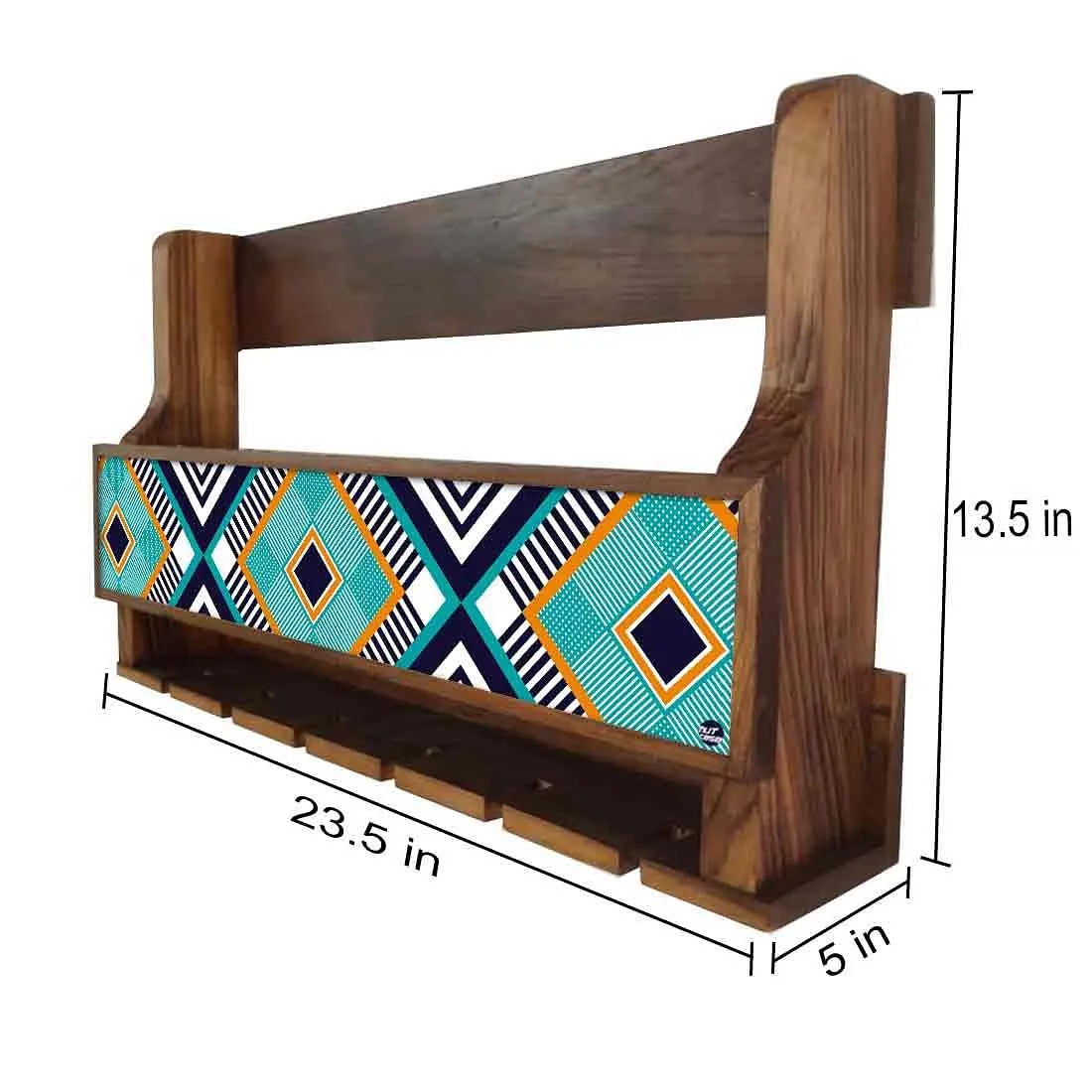 Small Wooden Wine Bottle Holder Wall Mounted for Living Room - Stores 5 Bottles 6 Glasses - Geometry