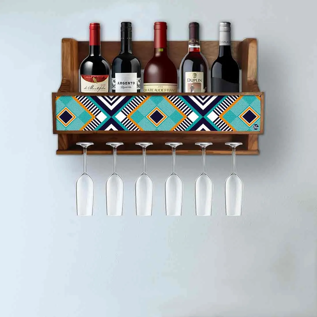 Small Wooden Wine Bottle Holder Wall Mounted for Living Room - Stores 5 Bottles 6 Glasses - Geometry