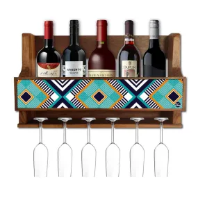 Small Wooden Wine Bottle Holder Wall Mounted for Living Room - Stores 5 Bottles 6 Glasses - Geometry