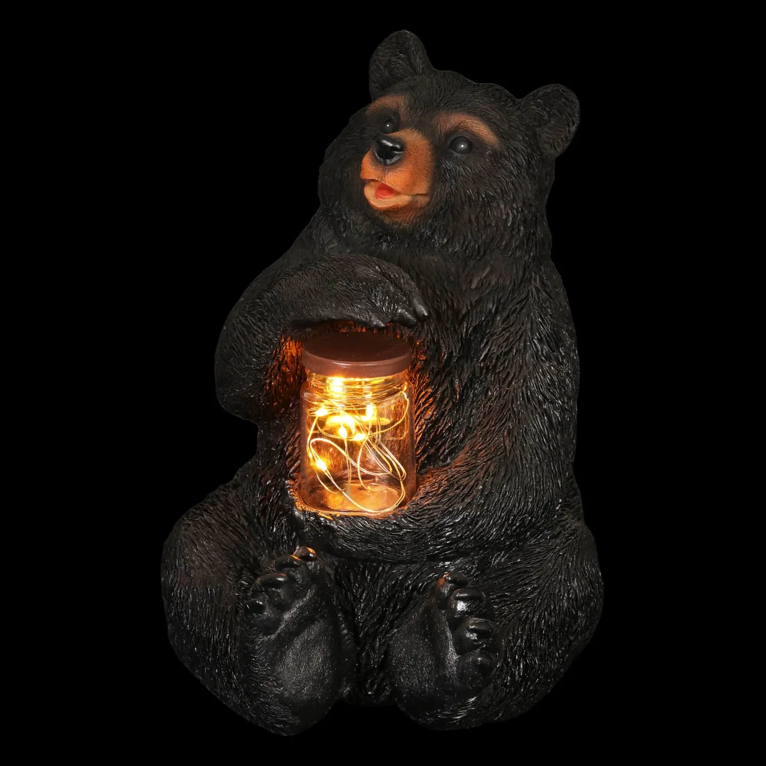 Solar Bear Garden Statue Holding A Glass Jar with Eight LED Firefly String Lights, 8.5 x 10.5 Inch