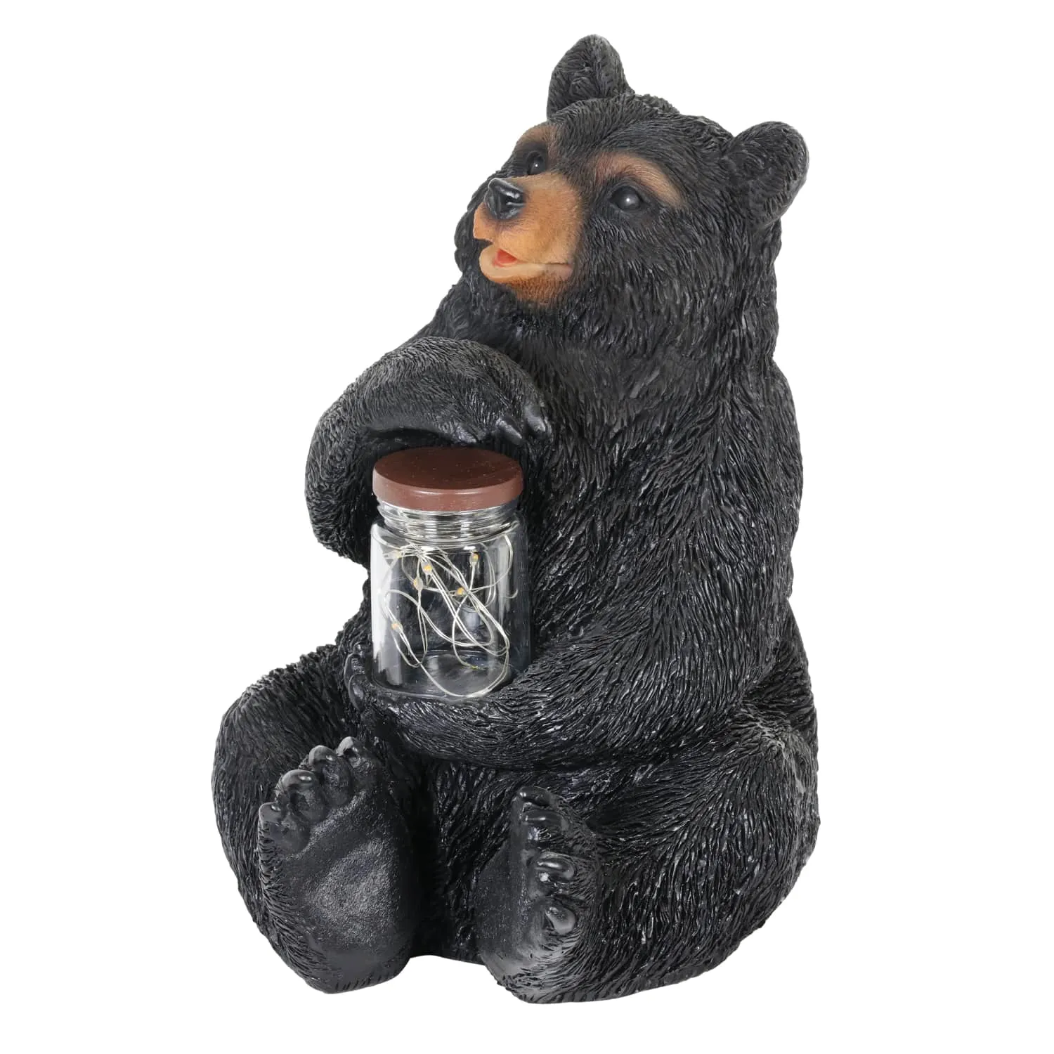 Solar Bear Garden Statue Holding A Glass Jar with Eight LED Firefly String Lights, 8.5 x 10.5 Inch