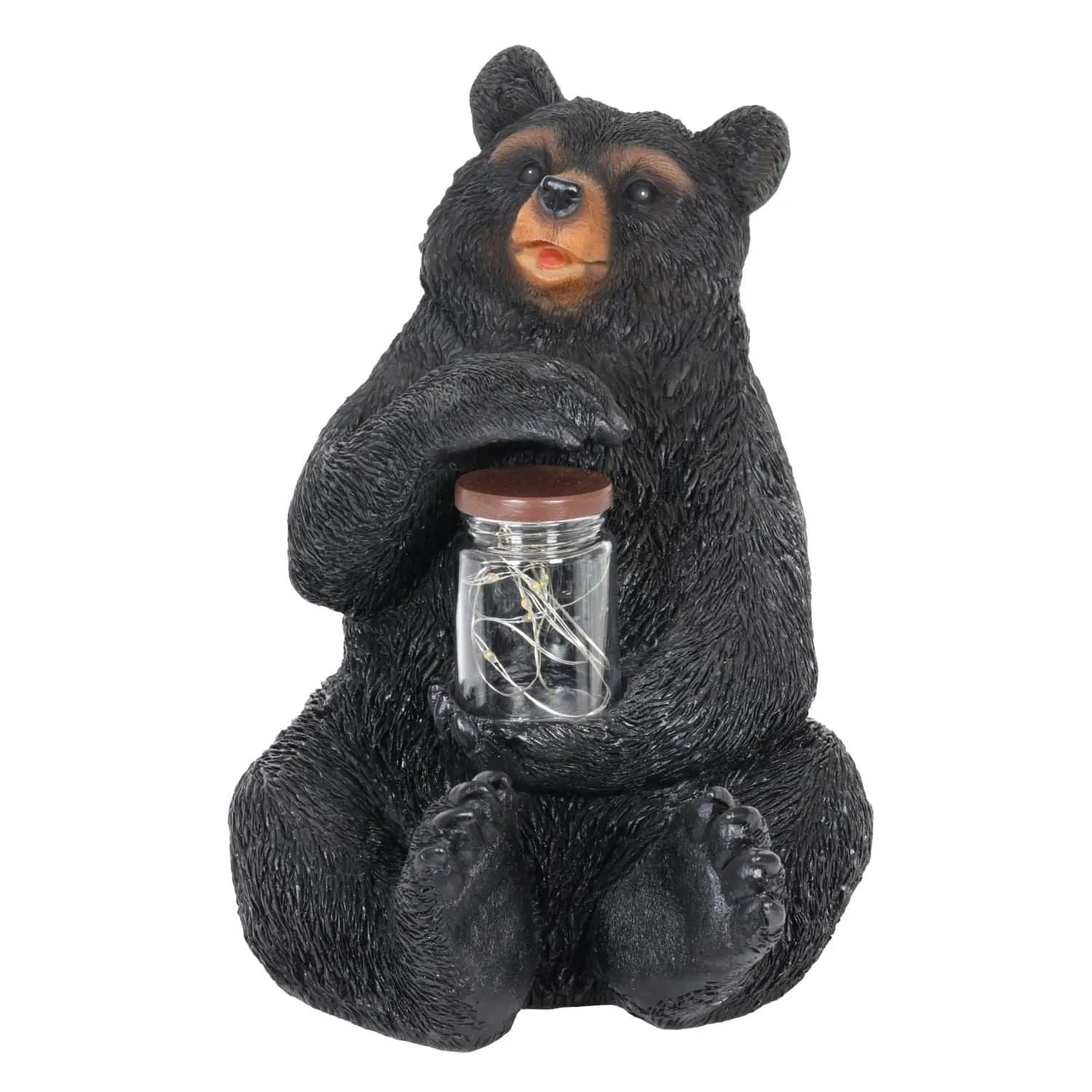 Solar Bear Garden Statue Holding A Glass Jar with Eight LED Firefly String Lights, 8.5 x 10.5 Inch