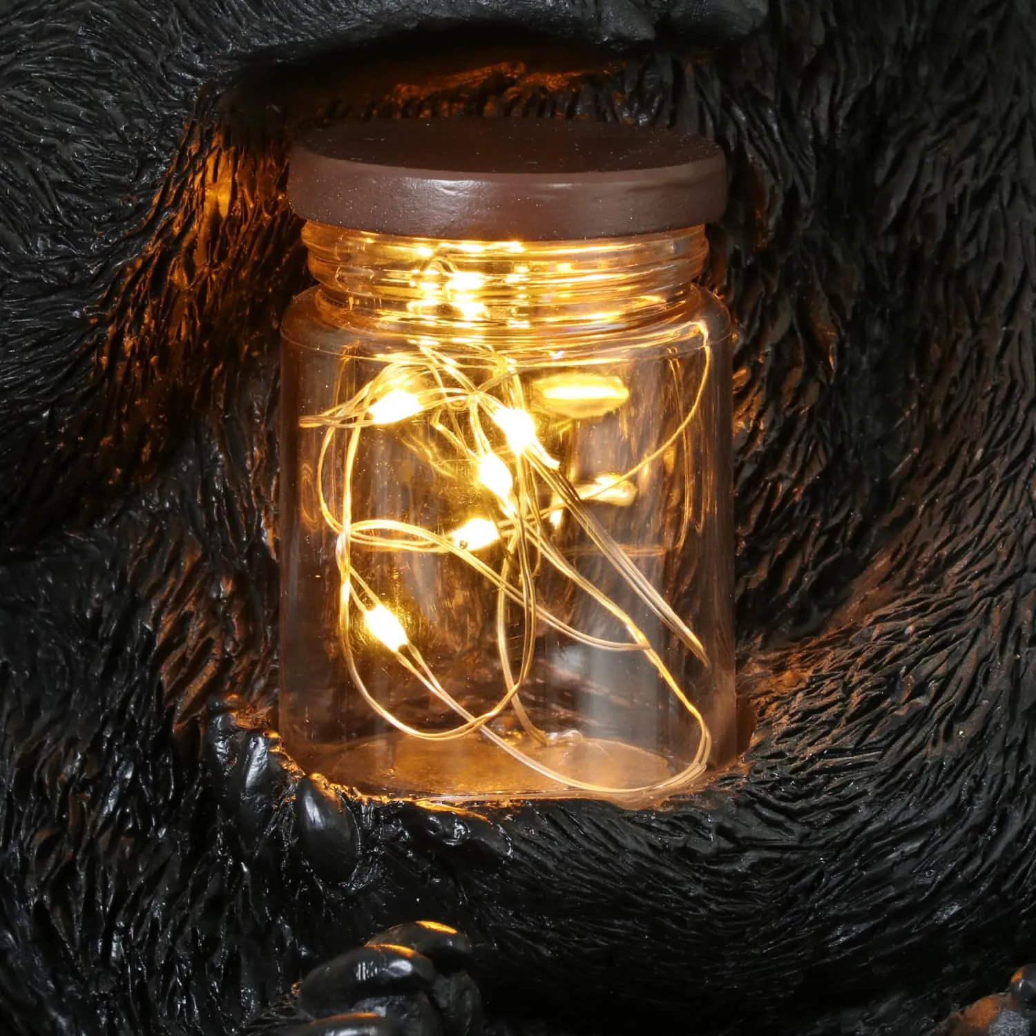 Solar Bear Garden Statue Holding A Glass Jar with Eight LED Firefly String Lights, 8.5 x 10.5 Inch