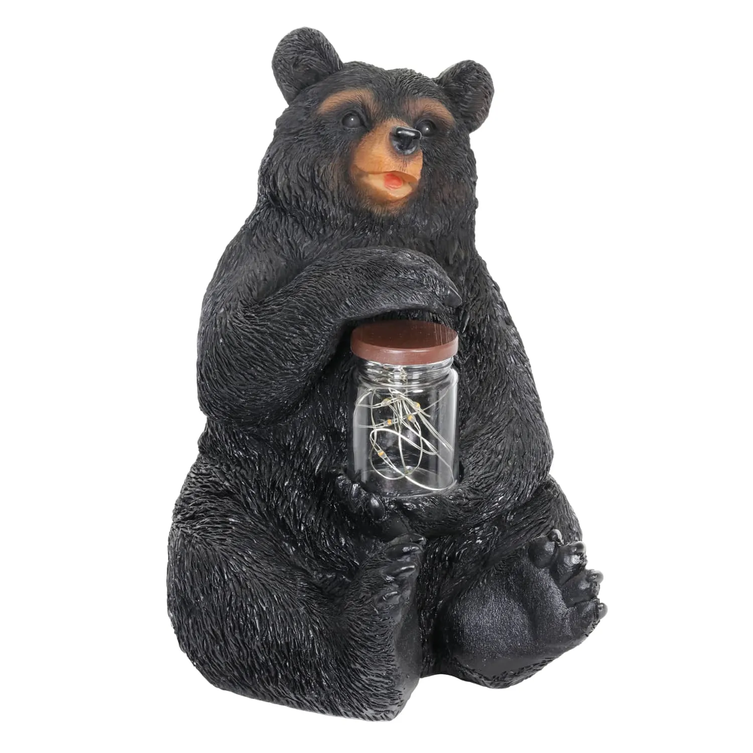 Solar Bear Garden Statue Holding A Glass Jar with Eight LED Firefly String Lights, 8.5 x 10.5 Inch