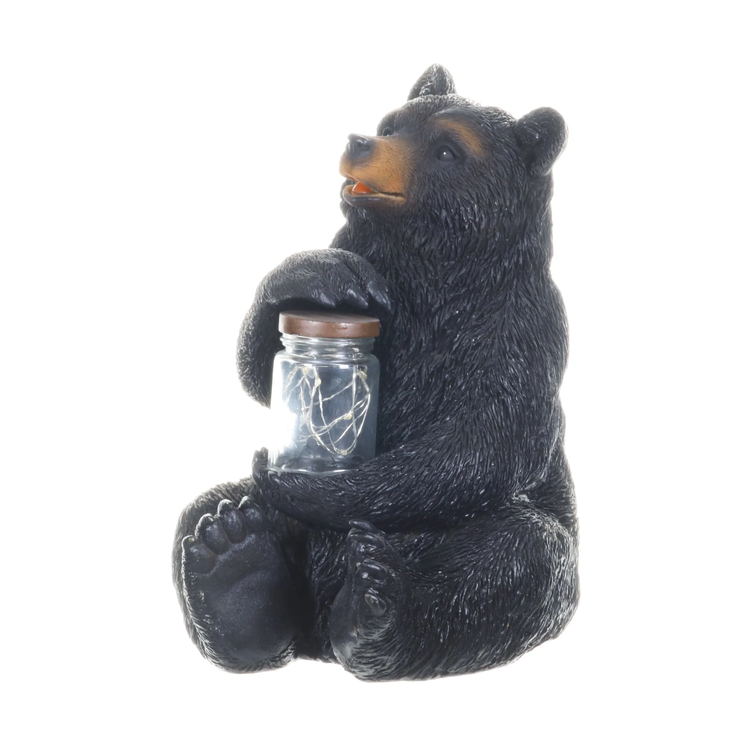 Solar Bear Garden Statue Holding A Glass Jar with Eight LED Firefly String Lights, 8.5 x 10.5 Inch