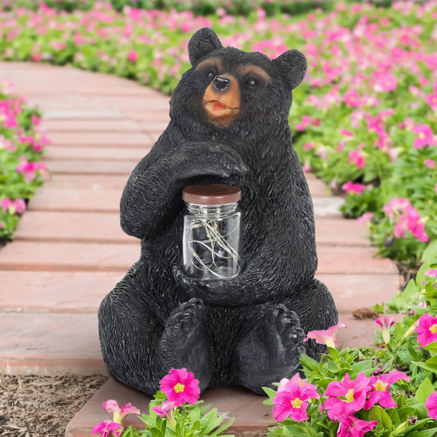 Solar Bear Garden Statue Holding A Glass Jar with Eight LED Firefly String Lights, 8.5 x 10.5 Inch