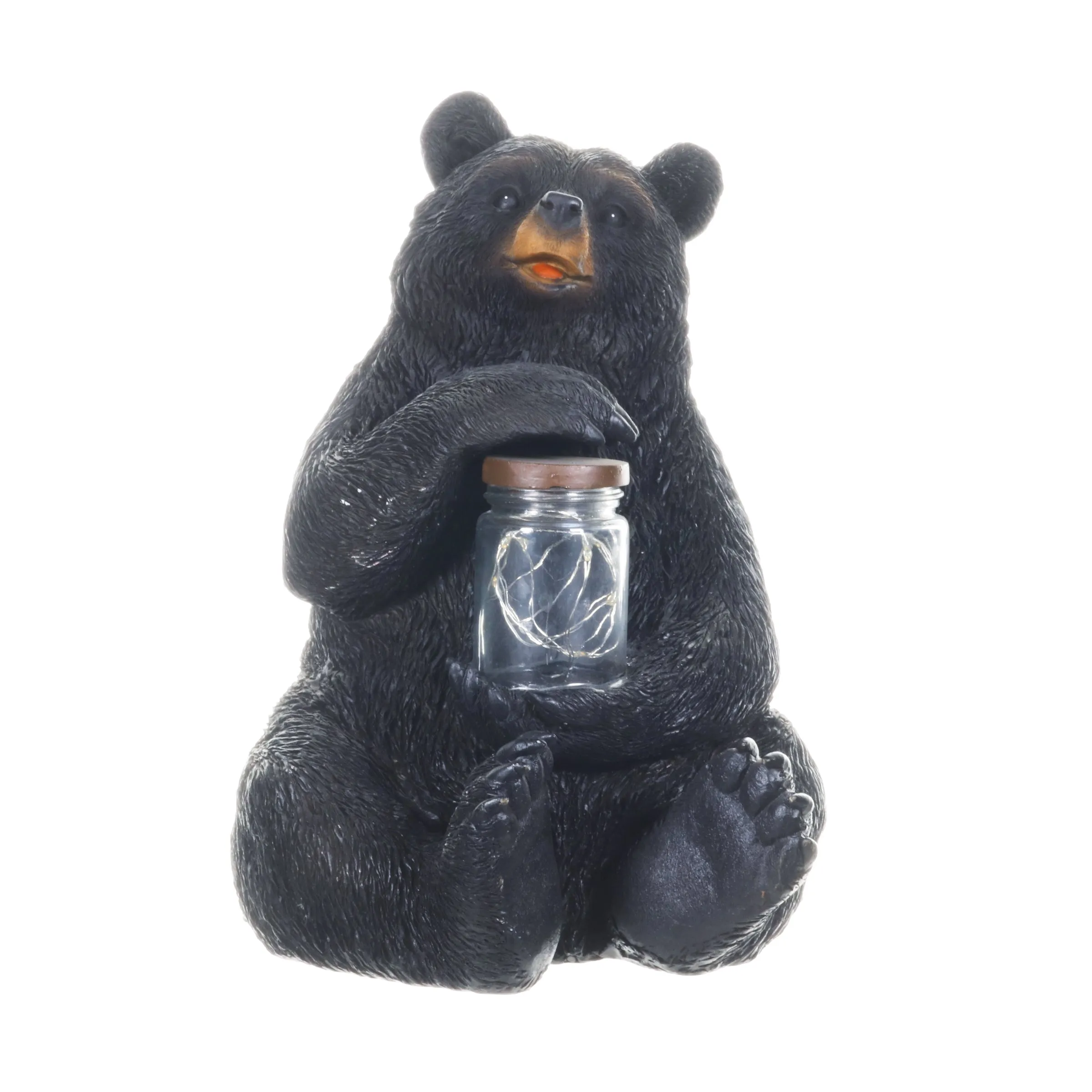 Solar Bear Garden Statue Holding A Glass Jar with Eight LED Firefly String Lights, 8.5 x 10.5 Inch