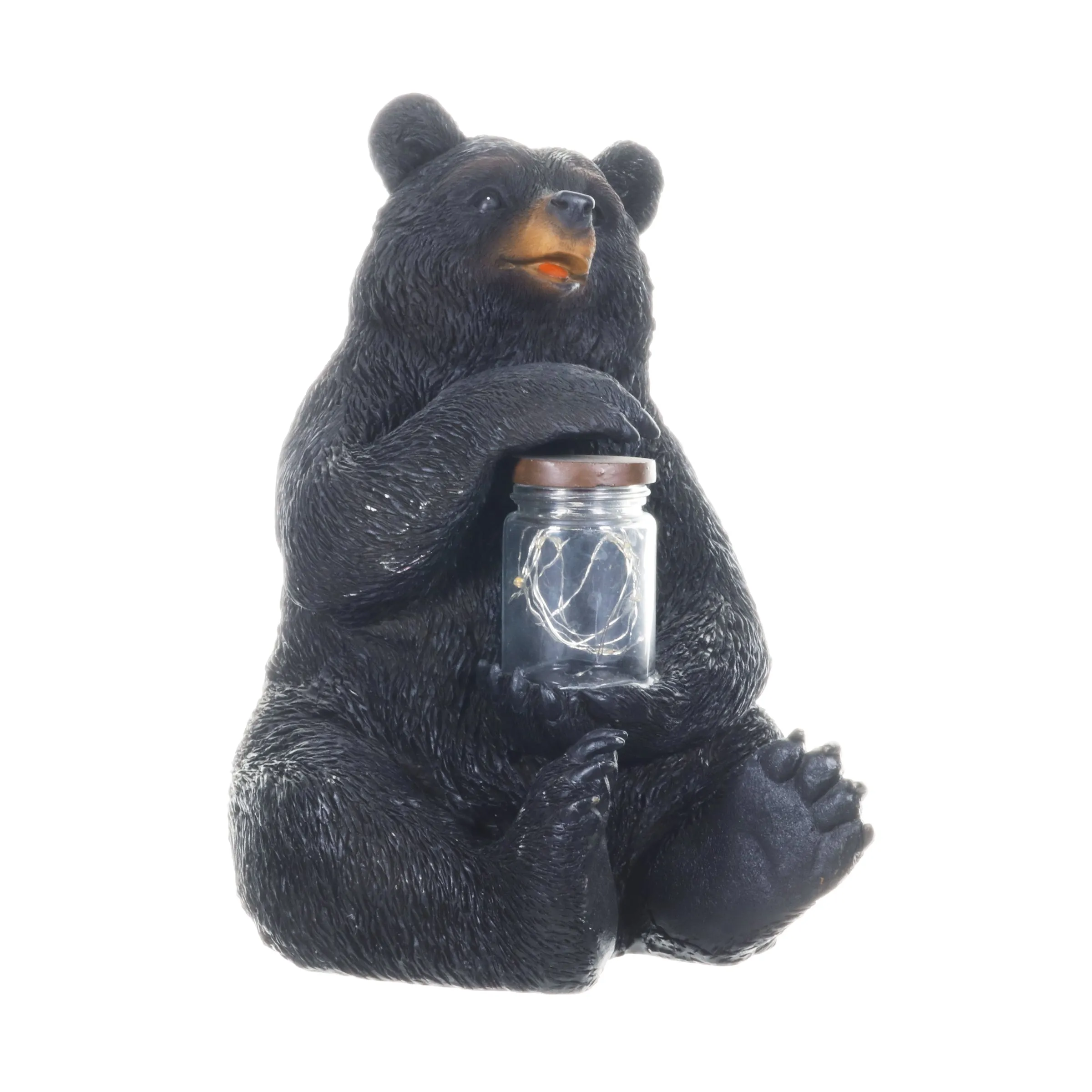 Solar Bear Garden Statue Holding A Glass Jar with Eight LED Firefly String Lights, 8.5 x 10.5 Inch