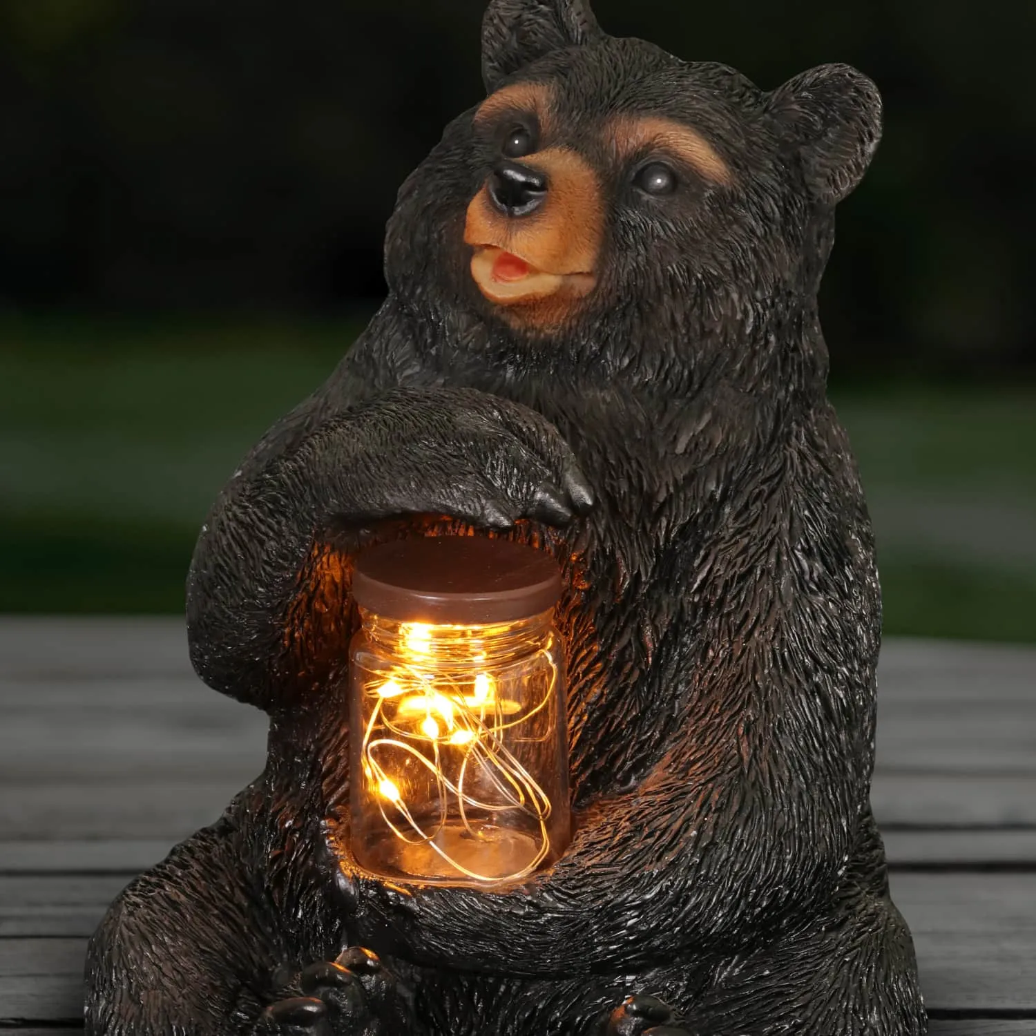 Solar Bear Garden Statue Holding A Glass Jar with Eight LED Firefly String Lights, 8.5 x 10.5 Inch