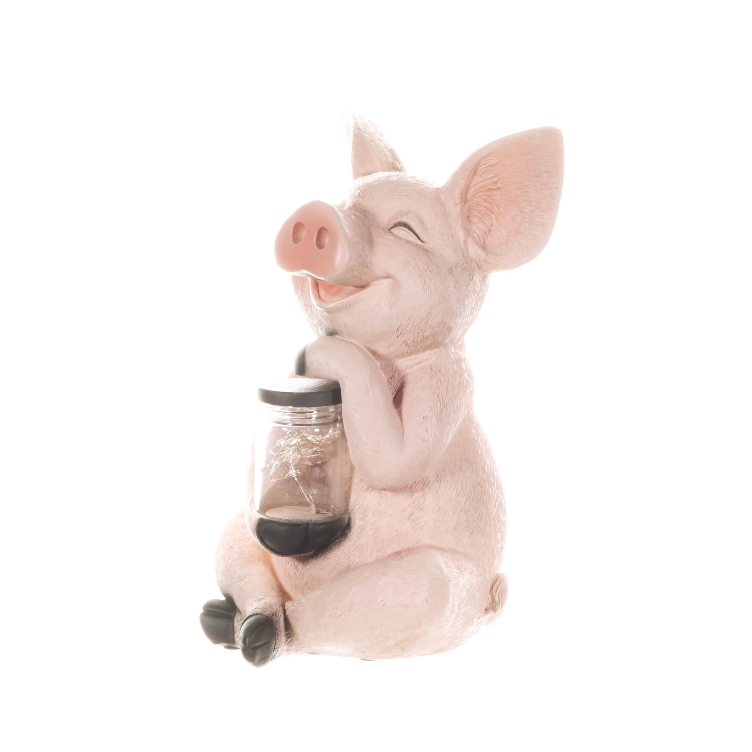 Solar Pig Garden Statue Holding a Glass Jar with Eight LED Firefly String Lights, 7 by 10.5 Inches